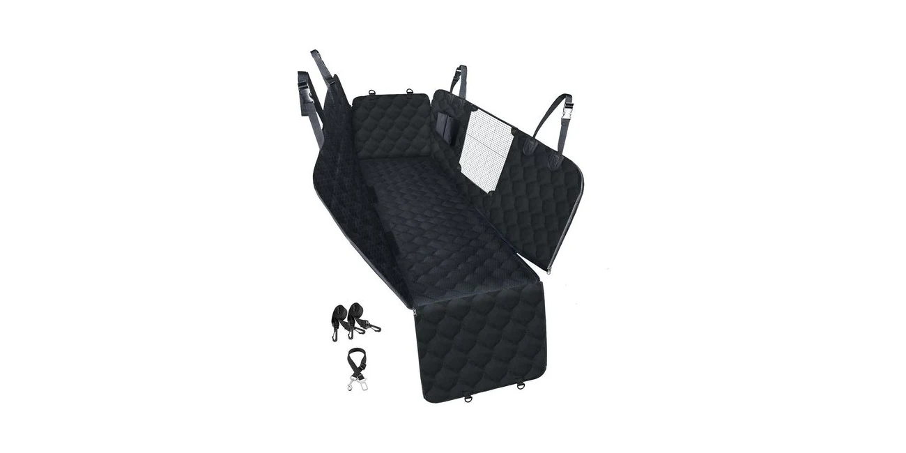 Featured product: PETICON waterproof dog car seat cover with mesh window fitted to a single seat (Amazon listing image)