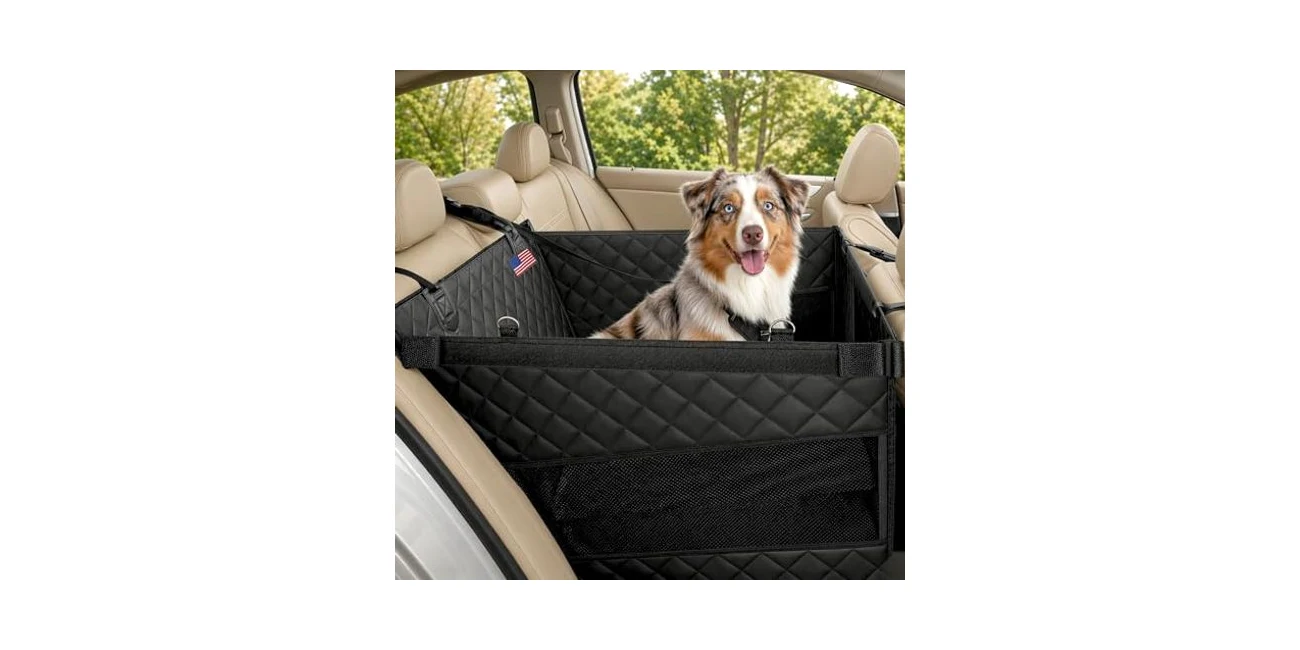 Featured product: YoGi Prime half hammock dog car seat cover that lets a Boxer see out and stay cool (Amazon listing image)