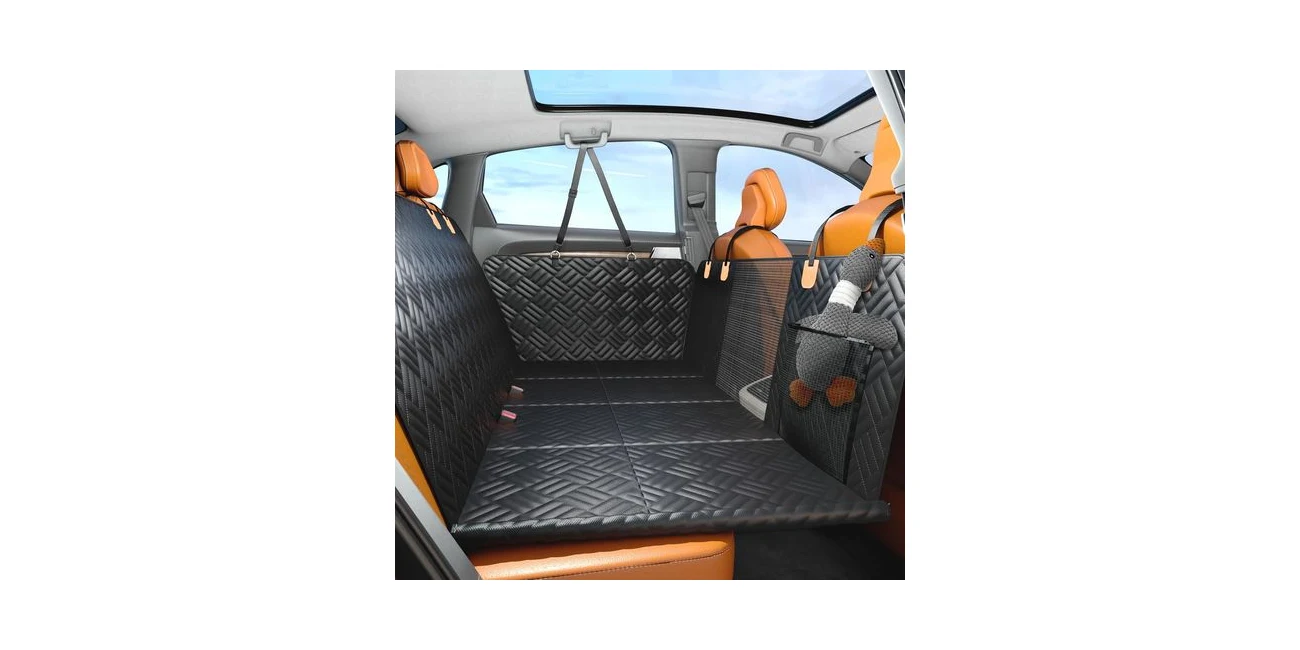 Featured product: PROZAR hard-bottom waterproof dog car seat cover protecting a Tesla Model Y back seat (Amazon listing image)
