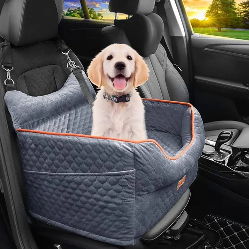 Happy golden retriever puppy sitting in a quilted dog booster car seat with safety tether