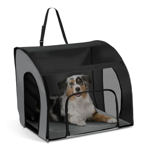 Australian Shepherd inside a soft-sided mesh dog car carrier with ventilation panels