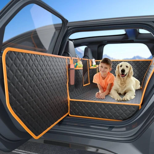 Dog and child sitting on a quilted waterproof back seat cover with side flaps and storage pockets