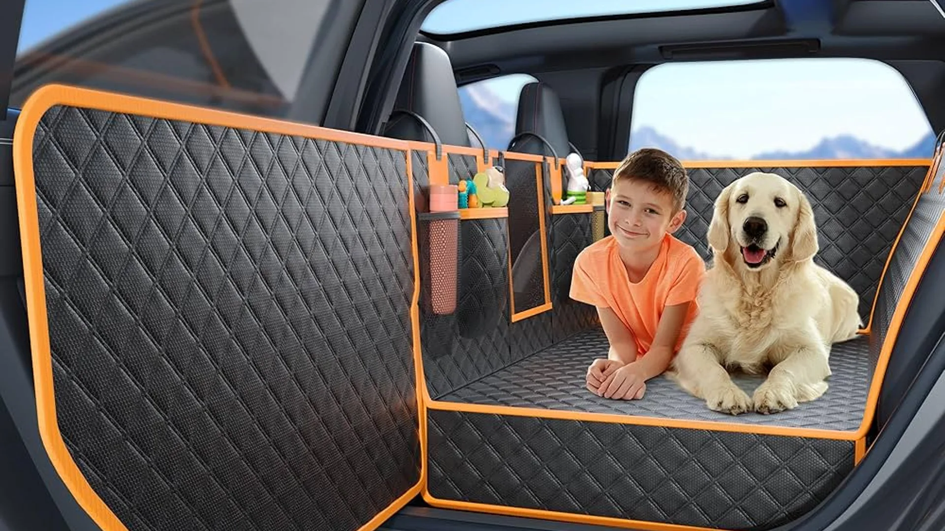 Dog and child on waterproof car seat cover